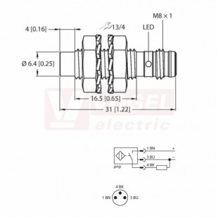 NI3-EG08K-AP6X-V1131 snímač indukční M8x1, nerez, nestíněný, Sn=3mm, PNP/NO, konektor M8/3pin, délka těla 31mm, 10-30VDC, IP67