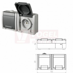 Zásuvka IP55 2-nás. 19083 ATLAS vodorovná, na povrch, 2x 2P+PE, tělo šedý RAL7035, víčko šedá RAL7043, šroubové připojení, IK07, materiál ABS+TPE, rozměr 81x153x56mm