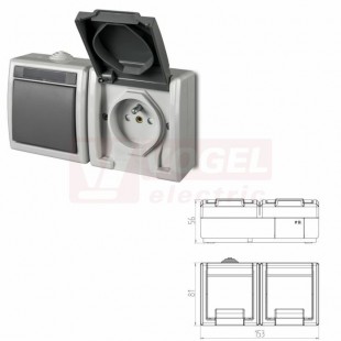 Kombinace IP55 6 +1z. 19090 ATLAS Přepínač č.6+ zásuvka 2P+PE s ochr.kolíkem, vodorovně, na povrch, tělo šedé RAL7035, víčko šedý RAL7043, IK07, šroubové připojení, materiál ABS+TPE, rozměr 81x153x56mm