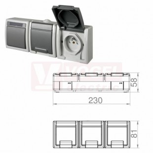 Kombinace IP55 6 +2z. 19095 ATLAS Přepínač střídavý č.6 + 2x zásuvka SCHUKO vodorovně, na povrch, tělo šedé RAL7035, víčko šedý RAL7043, IK07, šroubové připojení, materiál ABS+TPE, rozměr 81x230x56mm