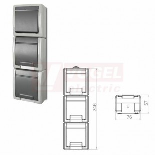 Kombinace IP55 6 +2z. 19096 ATLAS Přepínač č.6 + 2x zásuvka 2x 2P+PE, svislá, na povrch, tělo šedé RAL7035, víčko šedý RAL7043, IK07, šroubové připojení, materiál ABS+TPE, rozměr 245x76x56mm