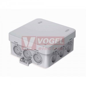 F12 krabice elektroinstalační, 12 vstupů, 85x85x40mm, IP55, šedá, montážní poutka, -25 až +85°C
