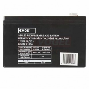 Baterie  12,00 V Pb   7,0Ah E1270, olovněný akumulátor, faston 4,7mm, živ.5let, rozměr 151×65×94 mm (B9691)