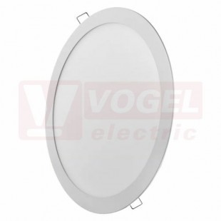 Svítidlo LED podhledové 24W 220-240V, kulaté 297mm, vestavné bílé, teplá bílá, 2000lm, 3000K, IP20, tělo hliník, úhel vyzař. 120°, živ. 30000hod., difuzor plast mléčný, montážní otvor 285mm, rozměr 297x21mm, náhrada za žárovku 125W (ZD1151)