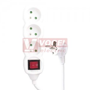 Prodlužovák  3 zás.  3m vypínač, EMOS (P1313R) bílý 250VAC/16A, kabel PVC 3x1,5mm2, dětské clonky, 2x otvor pro montáž na zeď