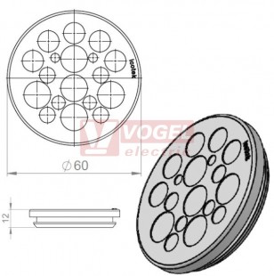 KEL-DP 50/18 B (plech tl. 2,8-4mm) kulatá membránová průchodka, šedá, IP65, vnější pr. 60mm, výřez pr.50mm, vstup kabelů 2x max.4mm/2x max.6mm/4x max.7,2mm/5x max.9,4mm/5x max.12mm (43567)