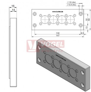 KEL-DPZ 24/14 membránová průchodka, šedá, IP66, vnější 147x58x14mm, výřez 112x36mm, vstupy kabelů 10x 3,2-6,5mm, 4x 16-22mm (43700)