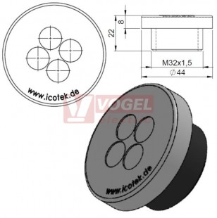 KEL-DPZ 32/4-2 kulatá membránová průchodka s maticí, šedá, IP68, vnější pr.44mm, výška 8mm, výřez závit M32x1,5 vstup kabelů 4x5-9,5mm (43733)