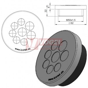 KEL-DPZ 50/8 kulatá membránová průchodka s maticí, šedá, IP68, vnější pr.62mm, výška 8mm, výřez závit M50x1,5, vstup kabelů 5x5-10,2mm, 3x7,2-12,5mm (43750)