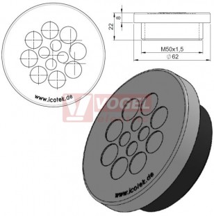 KEL-DPZ 50/12 kulatá membránová průchodka s maticí, šedá, IP68, vnější pr.62mm, výška 8mm, výřez závit M50x1,5, vstup kabelů 4x3,2-6,5mm, 8x5-10,2mm (43752)