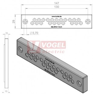 KEL-DPZ-E 112-21 membránová průchodka, šedá, IP66, vnější 147x29x14mm, výřez 112x18mm, vstupy kabelů 21x3,2-6,5mm (43790)