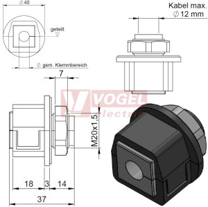 KVT 20 dělená průchodka s maticí, černá, IP54, pro 1 malou vložku KT (45024)  - BEZ VLOŽKY, objednává se samostatně