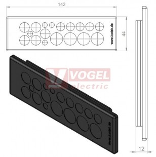 KEL-DP 24/18 B (plech tl. 2,8-4mm)  membránová průchodka, černá, IP64, vnější 142x44mm, výřez 112x36mm, vstup kabelů 4x max.6,5mm/5x max.10,5mm/5x max.12,6mm/4x max.16,1mm (50528)