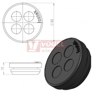 KEL-DP 25/4 A (plech tl. 1,5-2,5mm) kulatá membránová průchodka, černá, IP65, vnější pr. 32mm, výřez pr.25mm, vstup kabelů 4x max.8mm (50533)