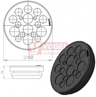 KEL-DP 50/18 A (plech tl. 1,5-2,5mm) kulatá membránová průchodka, černá, IP65, vnější pr. 60mm, výřez pr.50mm, vstup kabelů 2x max.4mm/2x max.6mm/4x max.7,2mm/5x max.9,4mm/5x max.12mm (50553)