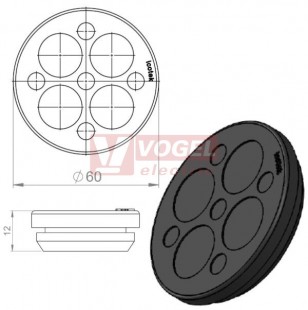 KEL-DP 50/9 A (plech tl. 1,5-2,5mm) kulatá membránová průchodka, černá, IP65, vnější pr. 60mm, výřez pr.50mm, vstup kabelů 5x max.7mm/4x max.18mm  (50554)