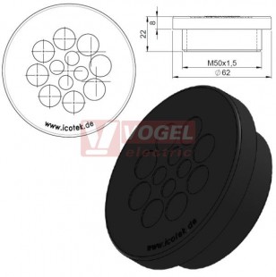 KEL-DPZ 50/12 kulatá membránová průchodka s maticí, černá, IP68, vnější pr.62mm, výška 8mm, výřez závit M50x1,5, vstup kabelů 4x3,2-6,5mm, 8x5-10,2mm (50752)