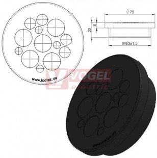 KEL-DPZ 63/13 kulatá membránová průchodka s maticí, černá, IP68, vnější pr.75mm, výška 8mm, výřez závit M63x1,5, vstup kabelů 4x3,2-6,5mm, 4x5-10,2mm, 5x9-16,2mm (50761)