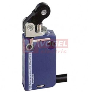 XCMD2121L1 Polohový spínač miniaturní Universal Osiconcept, kovový, termoplast. ovl. čep s pákou a ocelovou kladkou, horiz. nájezd, 1Z+1V, s mžik.funkcí,konektor s kabelem 1m, IP66