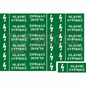 Samolepka informační "Hlavní vypínač" (bílý tisk, zelený podklad), symbol s textem 9x3,2cm (1 arch=18ks), (6131A)