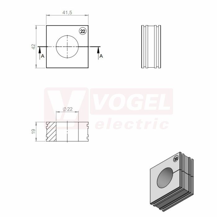 KT 22 ČR (S)VOC gy průchodková vložka, velká, šedá RAL7035, dx41,5mm, šx42mm, vx19mm, montážní výška 2mm, pro kulatý kabel, pr.kabelu 1x 22-23mm, IP68 (41222.600)