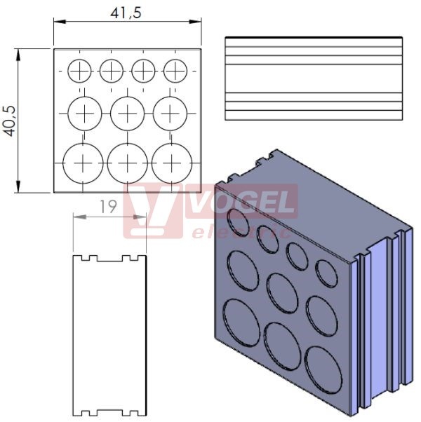 KT-DT3 průchodková vložka membránová propichovací 4x pr.6,5 + 3x pr.9,5mm + 3x pr.11,3mm, velká, šedá, IP54 (41520)