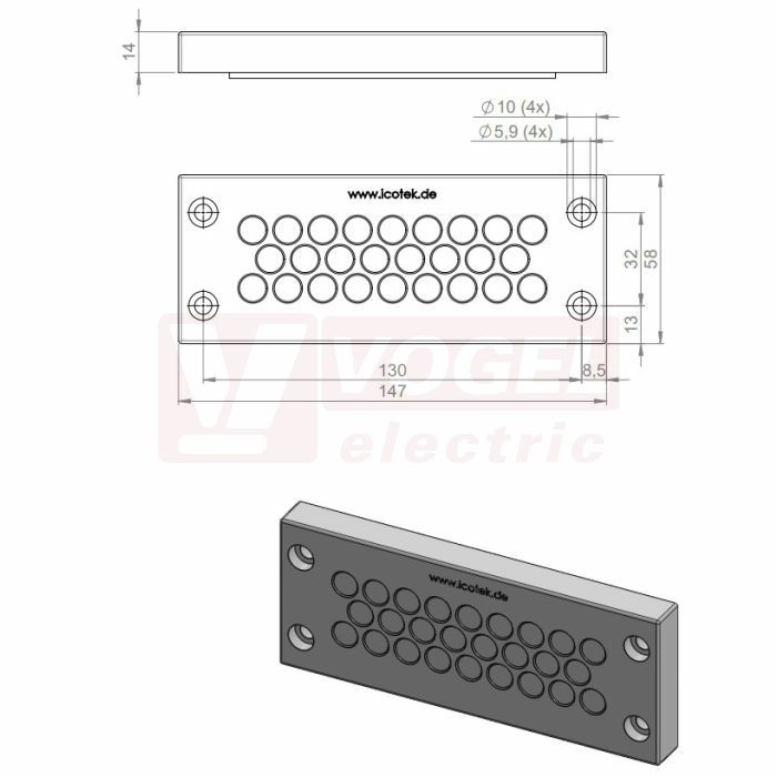 KEL-DPZ-24/26 CR gy membránová průchodka, šedá RAL7035, dx147mm, šx58mm, vx14mm, montážní výška 14mm, vel.výřezu 112x36mm, 4 šrouby, pr.otvorů pro šrouby 5,9mm, rozsah upínání 26x 5-10,2mm (ISO 14644-1) (43711.601)