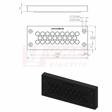 KEL-DPZ 24/26 CR (S)VOC bk membránová průchodka, černá RAL9001, délka 147mm, šířka 58mm, výška 14mm, velikost výřezu 112x36mm, pr.otvorů pro šrouby 5,9mm, pr.kabelů 26x 5-10,2mm (50711.600)