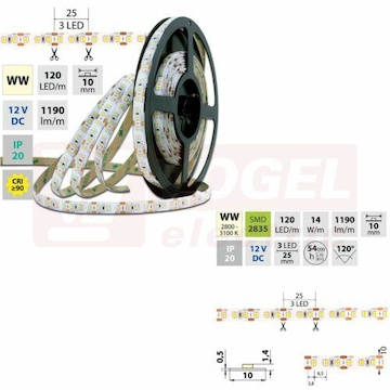 LED pásek SMD2835 WW, 120LED/m, 14W/m, 1190lm/m, IP20, DC 12V, 10mm, 50m (121.367.60.2)