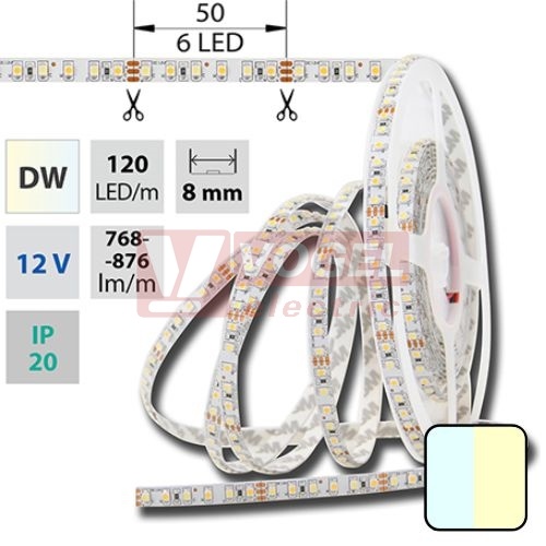 LED pásek SMD3528 bílá a teplá bílá 3000-6000K, DC12V, IP20, 8mm, bílá PCB pásek, 120 LED/m, 9,6W/m (122.630.60.0)