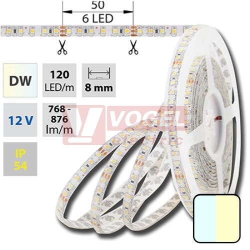 LED pásek SMD3528 bílá a teplá bílá 3000-6000K, DC12V, IP54, 10mm, bílá PCB pásek, 120 LED/m, 9,6W/m (122.640.60.0)