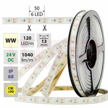 LED pásek SMD2835 WW, 120LED/m, 14W/m, 1040lm/m, IP68, DC 24V, 13mm, 5m (126.369.60.0)