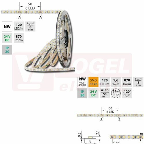 LED pásek SMD3528 neutrální bílá, 120LED/m, IP20, DC 24V, 8mm, 5m (126.776.60.0)