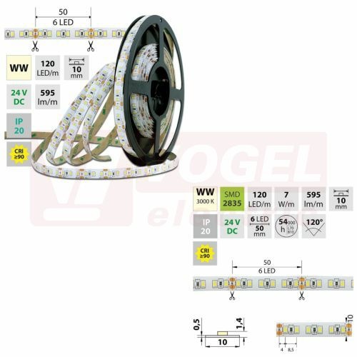 LED pásek SMD2835 WW, 120LED/m, 7W/m, 595lm/m, IP20, DC 24V, 10mm, 10m (126.821.60.7)