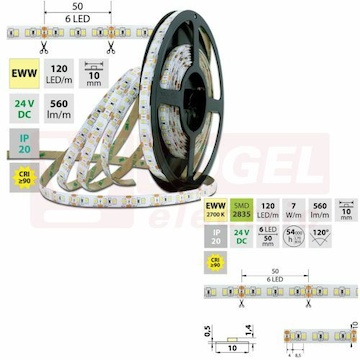 LED pásek SMD2835 EWW, 120LED/m, 7W/m, DC 24V, 560lm/m, CRI90, IP20, 10mm, 50m (126.828.60.2)