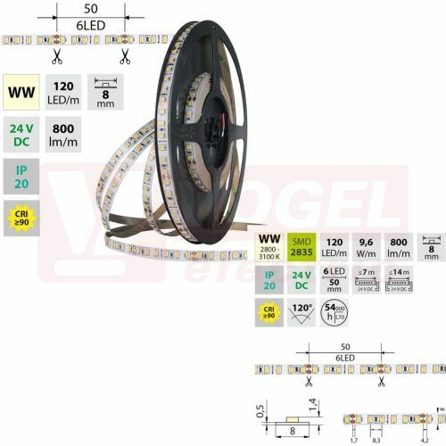 LED pásek SMD2835 WW, 120LED/m, 9,6W/m, DC 24V, 800lm/m, CRI90, IP20, 8mm, 5m (126.840.60.0)