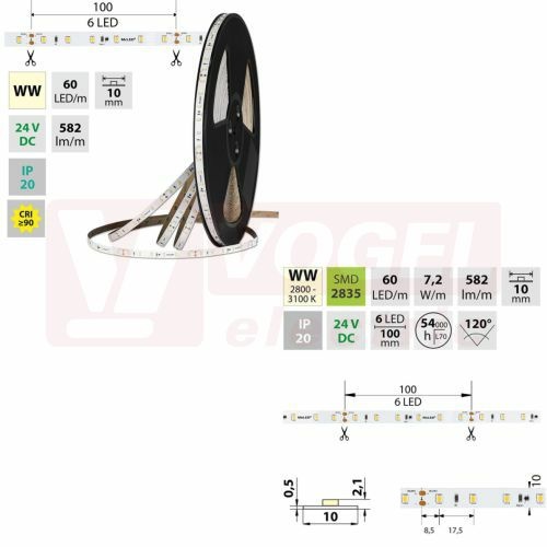 LED pásek SMD2835 WW, 60LED/m, 7,2W/m, DC 24V, 582lm/m, CRI90, IP20, 10mm, 50m (126.878.60.2)