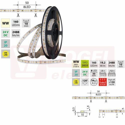LED pásek SMD2835 WW, 160LED/m, 19,2W/m, DC 24V, 2488lm/m, CRI90, IP20, 10mm, 50m (126.888.60.2)