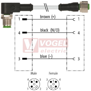 7000-40171-2330030 konektor M12/3-pin/vidl/úhlový - kabel ŠE PUR do vlečného řetězu 3x0,34mm2 L=0,3m - konektor M12/3-pin/zás/přímý
