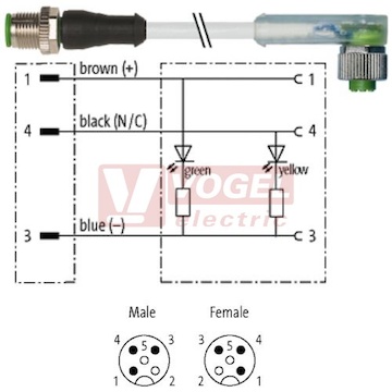 7000-40321-2330600 konektor M12/3-pin/vidl/přímý - kabel ŠE PUR do vlečného řetězu 3x0,34mm2 L=6,0m - konektor M12/3-pin/2xLED/zás/úhlový