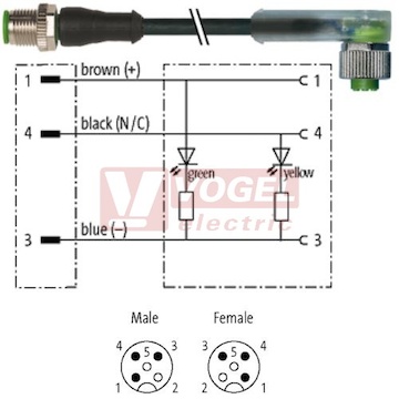 7000-40321-6530300 konektor M12/3-pin/vidl/přímý - kabel ČE PUR do svařovny 3x0,34mm2 L=3,0m - konektor M12/3-pin/2xLED/zás/úhlový