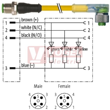 7000-40341-0340100 konektor M12/4-pin/vidl/přímý - kabel ŽL PUR do vlečného řetězu 4x0,34mm2 L=1,0m - konektor M12/4-pin/3xLED/zás/úhlový