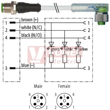 7000-40341-2340150 konektor M12/4-pin/vidl/přímý - kabel ŠE PUR do vlečného řetězu 4x0,34mm2 L=1,5m - konektor M12/4-pin/3xLED/zás/úhlový