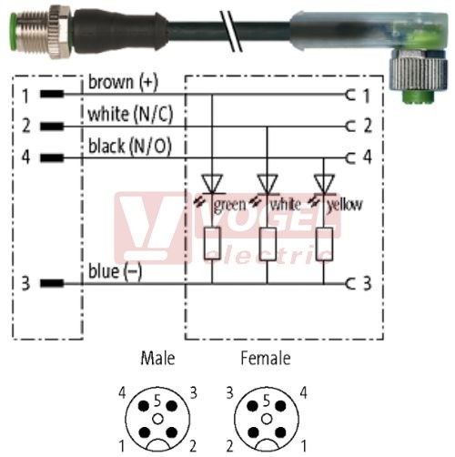 7000-40341-6340300 konektor M12/4-pin/vidl/přímý - kabel ČE PUR do vlečného řetězu 4x0,34mm2 L=3,0m - konektor M12/4-pin/3xLED/zás/úhlový