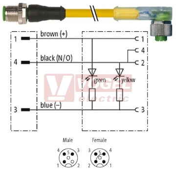 7000-40381-0330500 konektor M12/3-pin/vidl/přímý - kabel ŽL PUR do vlečného řetězu 3x0,34mm2 L=5,0m - konektor M12/3-pin/2xLED/zás/úhlový