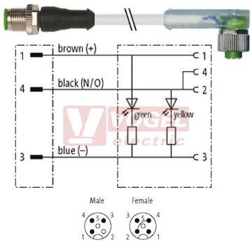 7000-40381-2130750 konektor M12/3-pin/vidl/přímý - kabel ŠE PVC 3x0,34mm2 L=7,5m - konektor M12/3-pin/2xLED/zás/úhlový