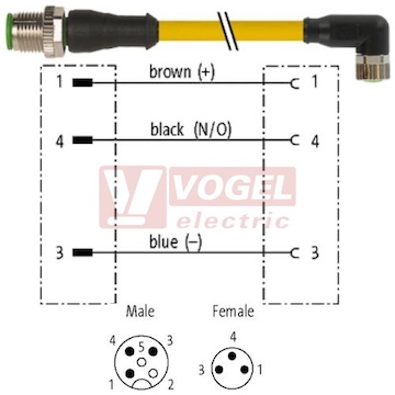 7000-40601-0300030 konektor M12/3-pin/vidl/přímý - kabel ŽL PUR do vlečného řetězu 3x0,25mm2 L=0,3m - konektor M8/3-pin/zás/úhlový