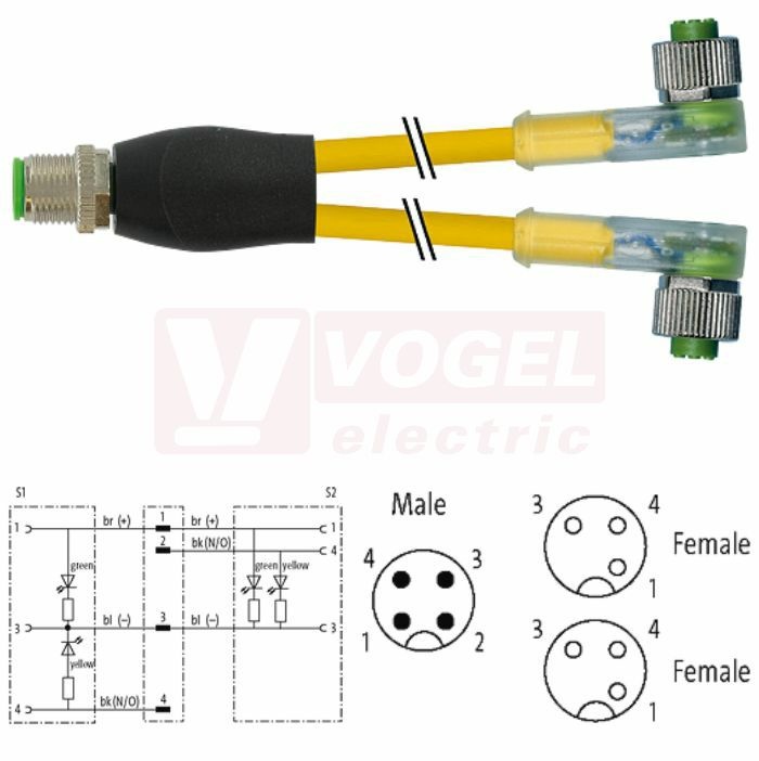 7000-40781-0330100 rozbočovací Y konektor M12/4-pin/vidl/přímý - kabel ŽL PUR do energ.řetězů 3x0,34mm2 L=1m - 2x konektor M12/3-pin/2xLED/zás/úhlový