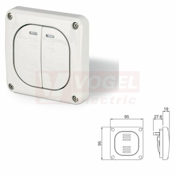 Spínač IP66 6+6 137.3221 PROTECTA přepínač střídavý 10A/250VAC s kontrolkou, barva šedá RAL7035, IK07, rozměr 95x95mm (bez krabice)