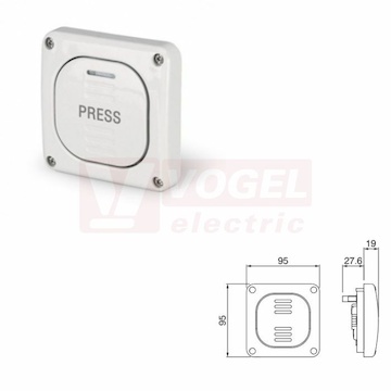 Spínač IP66 6/0 137.3311P PROTECTA tlačítko symbol "STLAČ" 10A/250VAC s kontrolkou, barva šedá RAL7035, IK07, rozměr 95x95mm (bez krabice)